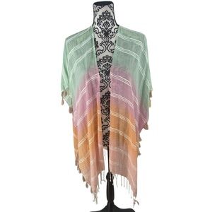 Boho Ombre Tassel Shawl Kimono Wrap Pastel Rainbow Lightweight Cotton Rayon, OS